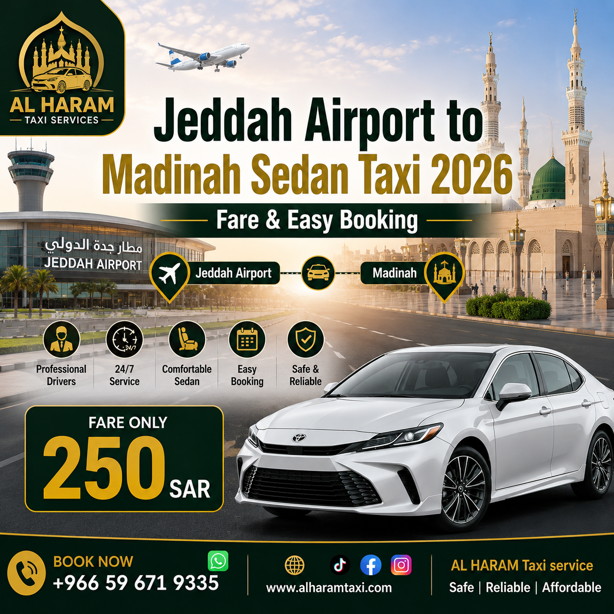 Jeddah Airport to Madinah Sedan Taxi